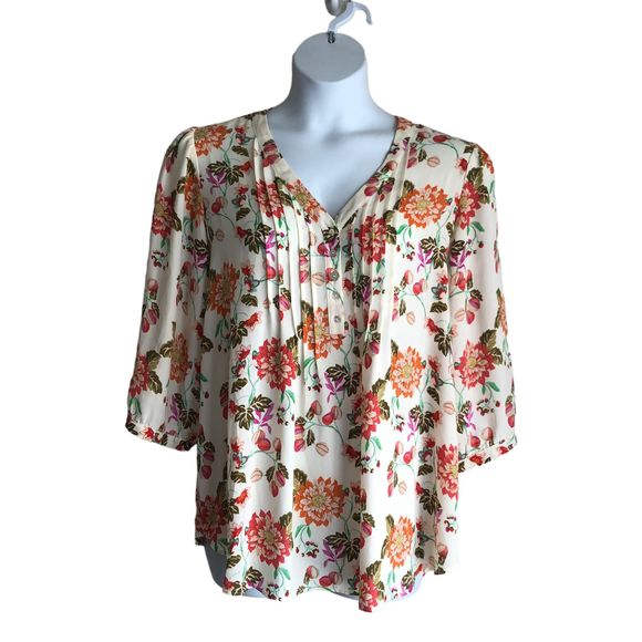 Rose + Olive Tops - Rose + Olive Women's Peasant Blouse Plus 1X Floral Boho Pleated Chiffon 3/4 Slv